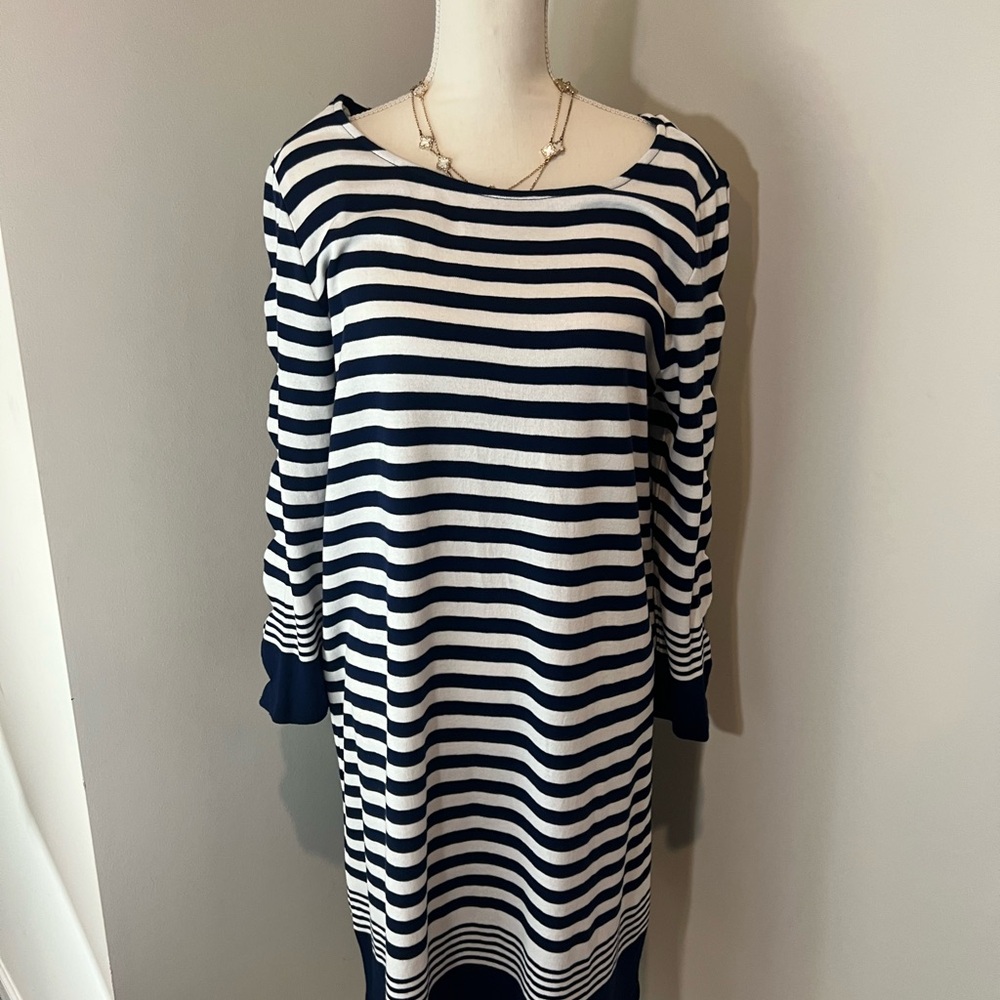 Kim Rogers Blue Sheath Dress with Bateau Neckline and Cuffed Sleeves